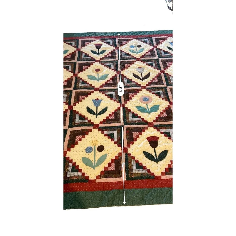 Pristine Vtg 1970s Handmade Tulip Log Cabin Quilt Hand Tied Full/Queen 80x80
